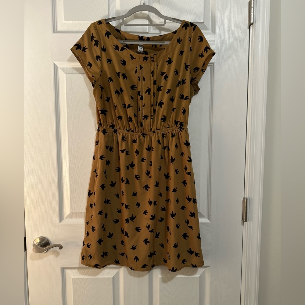 Old Navy Mustard Yellow Dress with Black Bird Print